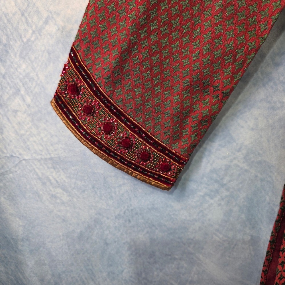 Mens Red Green Woven Kurta Tunic Embroidered Velvet Beadwork Traditional 105 - Picture 5 of 13